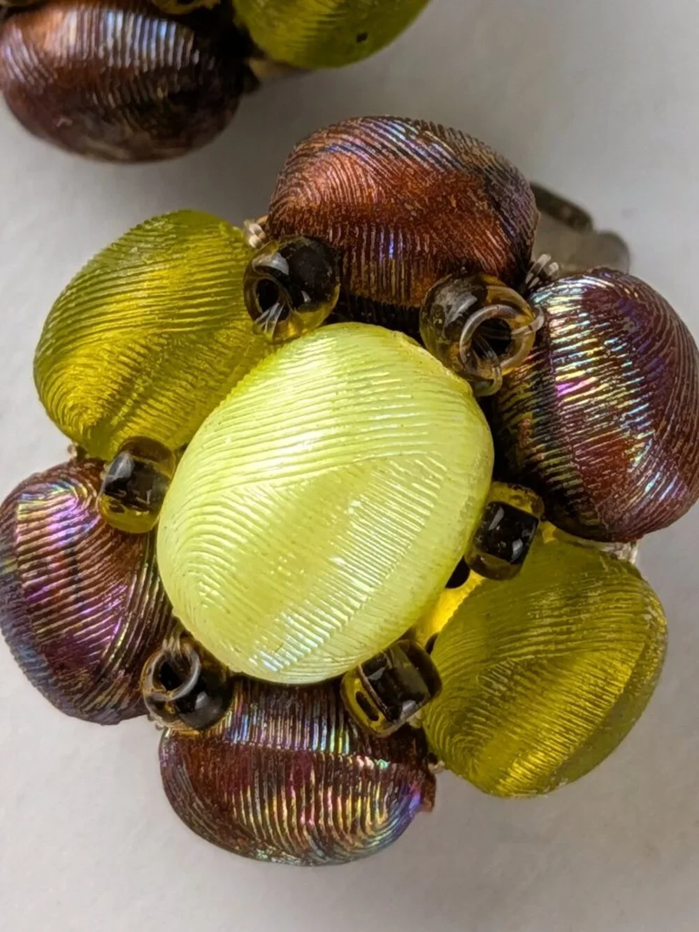 Vintage Iridescent Brown & Lime Green Beaded Clip-On Earrings